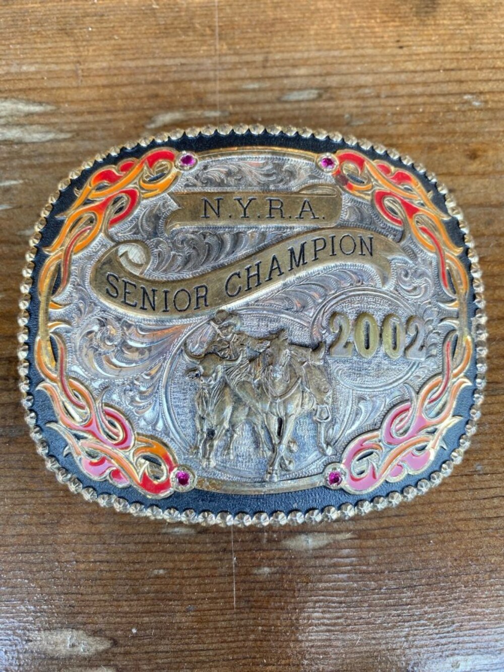2002 Gist N.Y.R.A. Sr. Steer Wrestling Rodeo Trophy Buckle – Flame Enamel Design